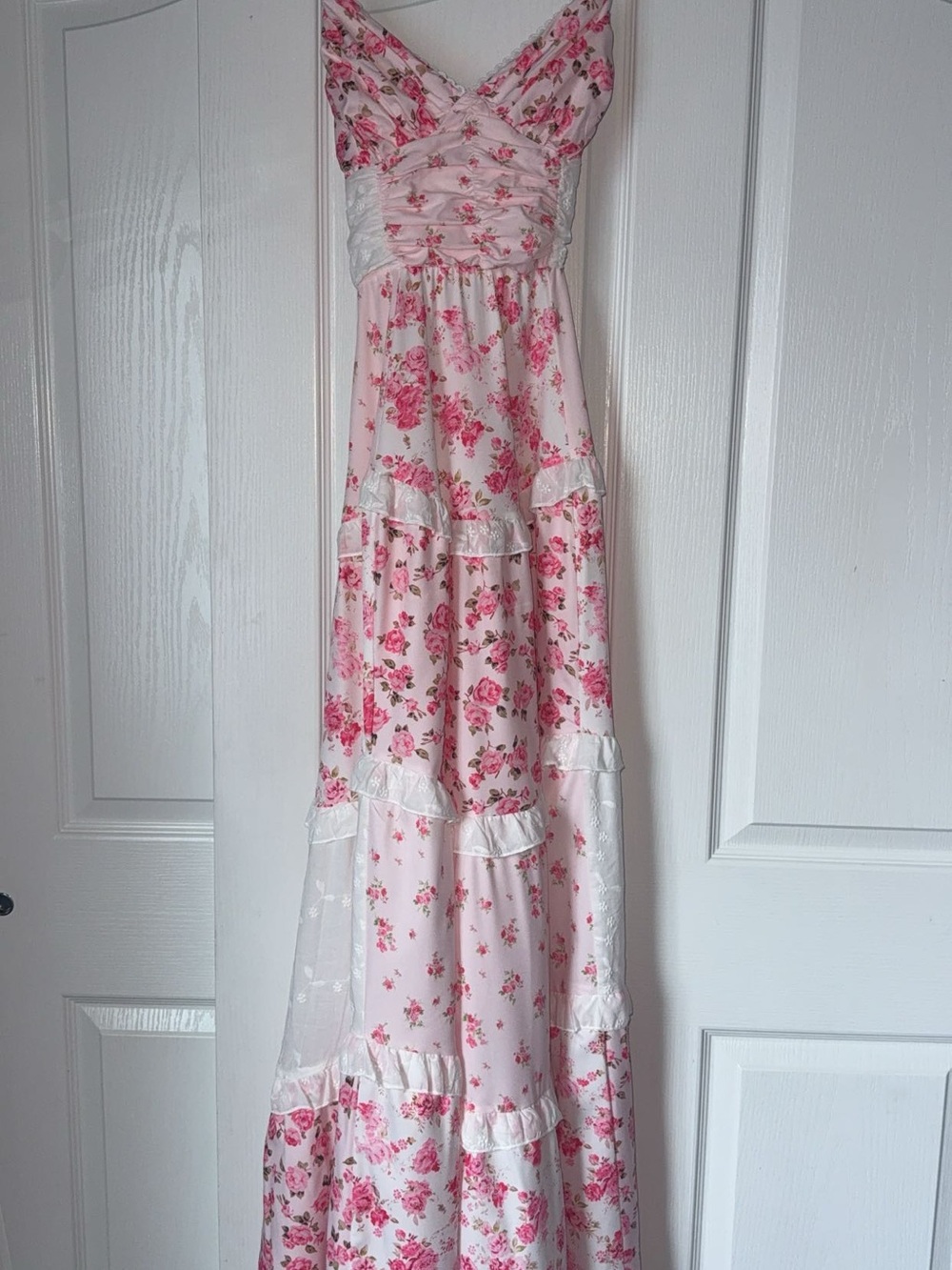 Pink Floral Tiered Maxi Dress with Lace Accents